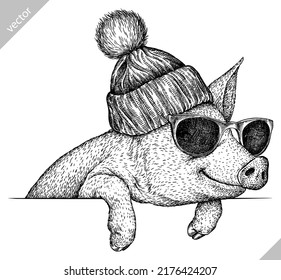 black and white engrave isolated pig vector illustration