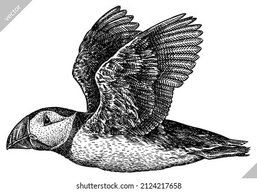 black and white engrave isolated puffin vector illustration