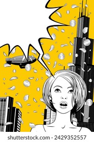 Black and white engraved drawing of a girl's head against a background of a rain of chips, modern multi-storey buildings and a flying airship on a yellow 
background. Vector illustration