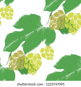 Black and white engraved humulus ink art. Green leaf. Leaf plant botanical garden floral foliage. Seamless background pattern. Fabric wallpaper print texture.