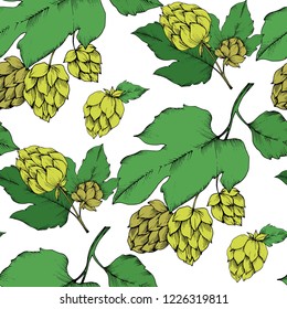 Black and white engraved humulus ink art. Green leaf. Leaf plant botanical garden floral foliage. Seamless background pattern. Fabric wallpaper print texture.