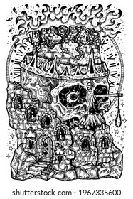 Black   white engraved illustration destroyed tower   scary scull and flame  gallows   crown  Mystic background for Halloween  esoteric  gothic  heavy metal occult concept  tattoo sketch