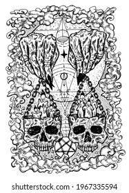 Black   white engraved illustration hands holding scales and skull cups   candles inside  Mystic background for Halloween  esoteric  gothic  heavy metal occult concept  tattoo sketch