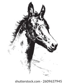 black and white engraved illustration of a horse, detailed vector isolated