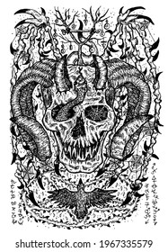 Black and white engraved illustration of scary devil or demon with horns, wings, evil symbols and pentagram. Mystic background for Halloween, esoteric, gothic or occult concept, tattoo sketch