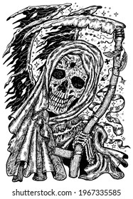 Black and white engraved illustration of scary death skull or grim reaper holding scythe. Mystic background for Halloween, esoteric, gothic, heavy metal or occult concept, tattoo sketch