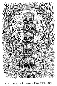 Black and white engraved illustration of scary skulls and bones in cemetery with graves, evil trees and fool moon. Mystic background for Halloween, esoteric, gothic, occult concept, tattoo sketch