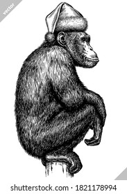 black and white engraved isolated monkey vector illustration