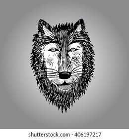 Black and White Engraved Isolated Wolf. Wolf Head Icon in black and white. This is vector illustration ideal for a mascot and T-shirt graphic. Inversion version included.