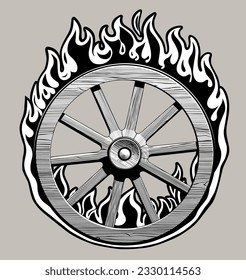 Black and white engraved vintage drawing of a burning wooden cartwheel in a round flame frame. Vector illustration