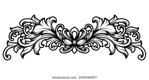 Black and white engraving Baroque ornament, border vintage calligraphic vector illustration. 