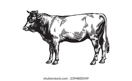 Grabado en blanco y negro de una vaca. Ilustración vectorial.