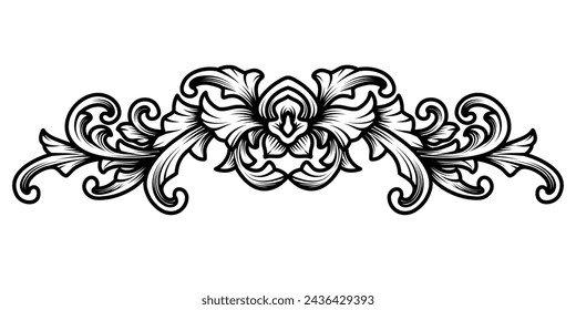 Black and white engraving filigree vector. Vintage damask, baroque, arabesque frame leaf scroll floral ornament, engraving border retro pattern antique style swirl decorative design element.
