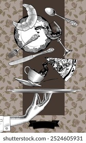 Black and white engravings of a woman's hand holding a round tray, flying coffee cup, wine glass, plate, pizza and croissant, spoon, fork and knife on a vintage floral background. Vector illustration