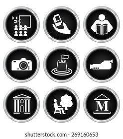 Black and white entertainment related icon set isolated on white background