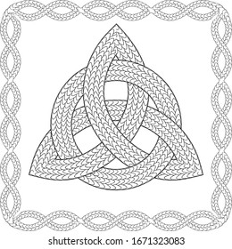 black and white entwined celtic pagan symbol triquetra in ornamented frame