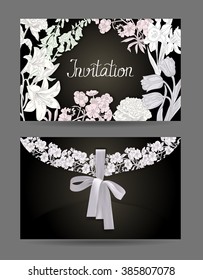 Black and white envelope with hand drawn flowers and ribbon