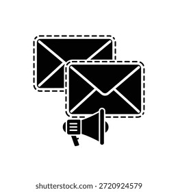 Envelope preto e branco e megafone com contorno tracejado