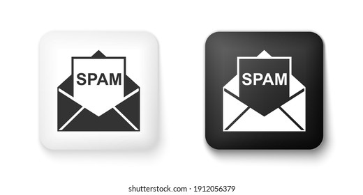 Black and white Envelope with spam icon isolated on white background. Concept of virus, piracy, hacking and security. Square button. Vector.