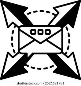 A black and white envelope with three dots on it. The envelope is surrounded by arrows pointing in different directions. Concept of communication and connection