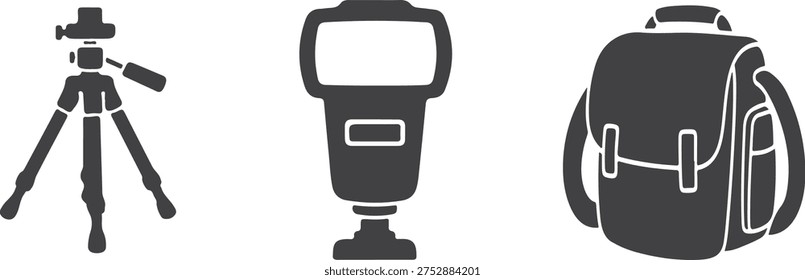 Black and white equipment camera tripod flash unit backpack gear