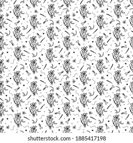  Black and white essential sewing tools seamless vector pattern with scissors, pen, thread, tape measure and hearts. Doodle style seamstress utensils repeat design for wallpaper, packaging or fabric.