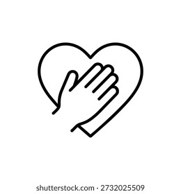 Icono de ética en blanco y negro mano en la línea del corazón símbolo de honestidad, confianza y responsabilidad moral