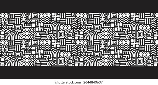 Black and white ethnic  border. Hand drawn seamless pattern with abstract shapes. Geometric print on fabric and paper. Decorative vector design for use in fabric, packaging, card, cover.