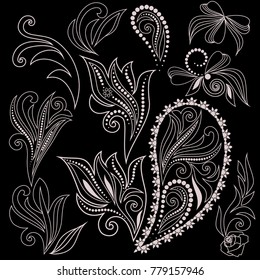 
Black and white ethnic cliche with paisley and decorative elements. Vector set of various ornaments, deco template. Oriental trendy print for decoration, gift, design,  for women's clothing.
