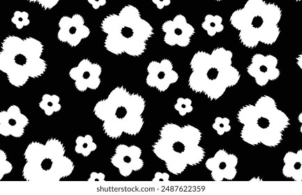 Black White Ethnic flowers ikat art. Seamless pattern in tribal,folk embroidery, Mexican style. floral botanical art ornament print. Design carpet, wallpaper, clothing, wrapping, fabric,cover, textile