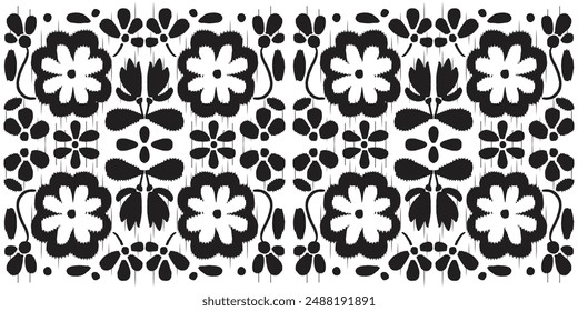 Black White Ethnic flowers ikat art. Seamless pattern in tribal,folk embroidery, Mexican style. floral botanical art ornament print. Design carpet, wallpaper, clothing, wrapping, fabric,cover, textile