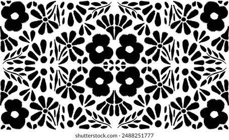 Black White Ethnic flowers ikat art. Seamless pattern in tribal,folk embroidery, Mexican style. floral botanical art ornament print. Design carpet, wallpaper, clothing, wrapping, fabric,cover, textile