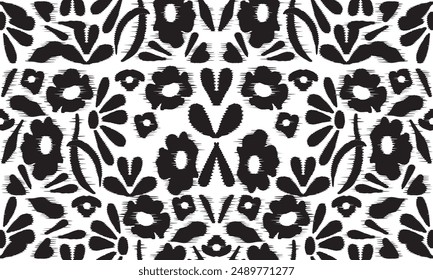 Black White Ethnic flowers ikat art. Seamless pattern in tribal,folk embroidery, Mexican style. floral botanical art ornament print. Design carpet, wallpaper, clothing, wrapping, fabric,cover, textile