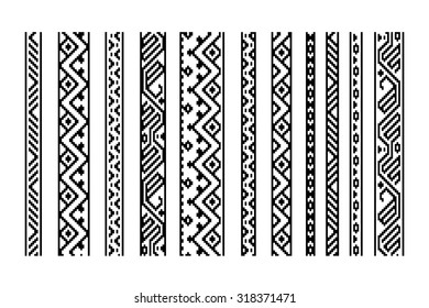 Black and white ethnic geometric aztec seamless borders set, vector