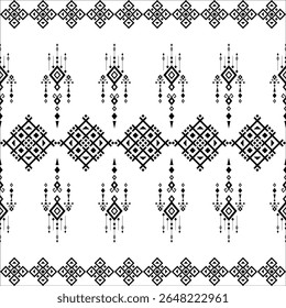 Black and white ethnic geometric pattern inspired by traditional tribal textile designs