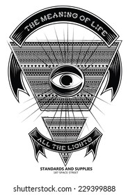 black and white ethnic graphical all-seeing eye print with text