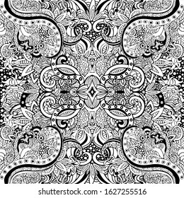 Black and white ethnic ornament, abstract floral oriental pattern, natural tracery, graphic print, mandala coloring. Multi-detail decor for fabric design, monochrome background. Vector illustration