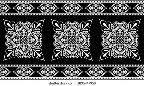 Black White Ethnic Pattern Border On Black Background.EPS10 Illustration.