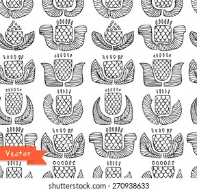 Black and white ethnic pattern with different flowers, buds and leafs. Endless background with ornamental native elements. Hand drawn stylish texture for prints, covers, clothes