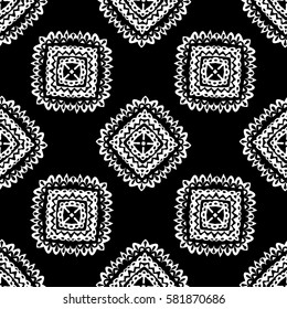 Black and White Ethnic Pattern. Seamless Texture with Square Elements. Monochrome Simple Ornament. Primitive Native American Design for Textile, Fabric, Cloth, Pareo, Bandana, Wallpaper