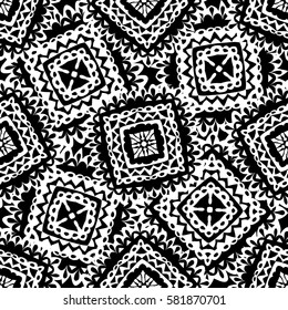 Black and White Ethnic Pattern. Seamless Texture with Square Elements. Monochrome Simple Ornament. Primitive Native American Design for Textile, Fabric, Cloth, Pareo, Bandanna, Wallpaper