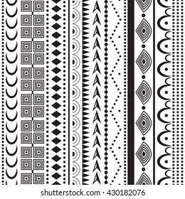 Black and white ethnic patterns. Background in the boho style, geometric seamless patterns.Seamless tribal texture. Vector illustration. Border.