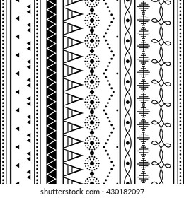 Black and white ethnic patterns. Background in the boho style, geometric seamless patterns.Seamless tribal texture. Vector illustration. Border.