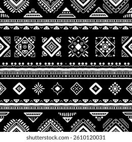 Black and white Ethnic seamless in native style. Vector pattern with African art decoration tribal geometric shape symbols. Folk background vector. Tent boarder backdrop. Abstract Aztec line motif