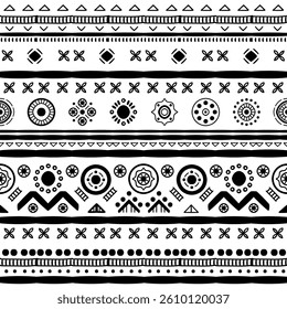 Black and white Ethnic seamless in native style. Vector pattern with African art decoration tribal geometric shape symbols. Folk background vector. Tent boarder backdrop. Abstract Aztec line motif