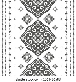 Black and white ethnic seamless pattern with ornamental stripes. Traditional oriental motifs. Vintage ornament template. Decorative paisley elements. Great for fabric and textile. 