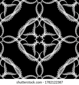 Black and white ethnic seamless pattern. Vector ornamental monochrome background. Template. Repeat tribal backdrop. Floral intricate ornament. Abstract flowers, zig zag lines, curves. Ornate design.