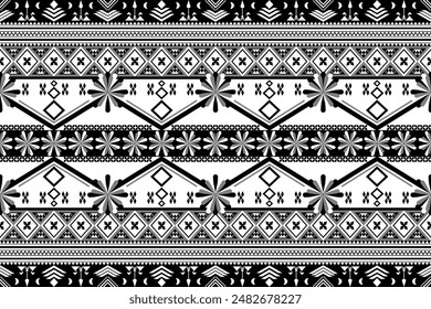 Black and white Ethnic seamless pattern. Tribal geometric Abstract Aztec Navajo seamless stripes lines with flower on gray background. Texture fabric print design for Batik Sarong Silk Wallpaper