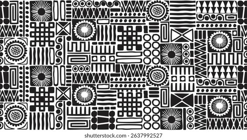 Black and white ethnic seamless pattern with hand drawn geometric shapes. Graphic texture with crcles, stripes, triangles, zigzag, dots. Vector endless wallpaper, cover, print on fabric and paper.