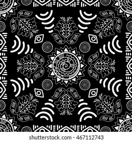 Black and white ethnic seamless pattern. Abstract boho wallpaper